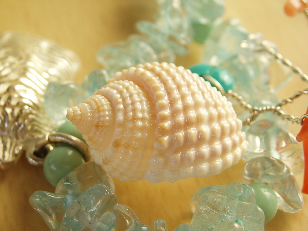 Un coquillage nacré posé sur un bracelet de pierres